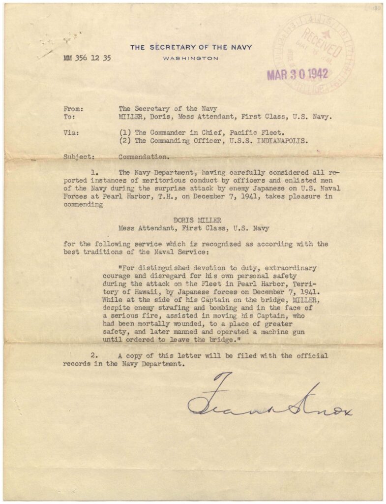 Typed letter of commendation from Secretary of the Navy Frank Knox to Doris Miller, dated 30 March 1942