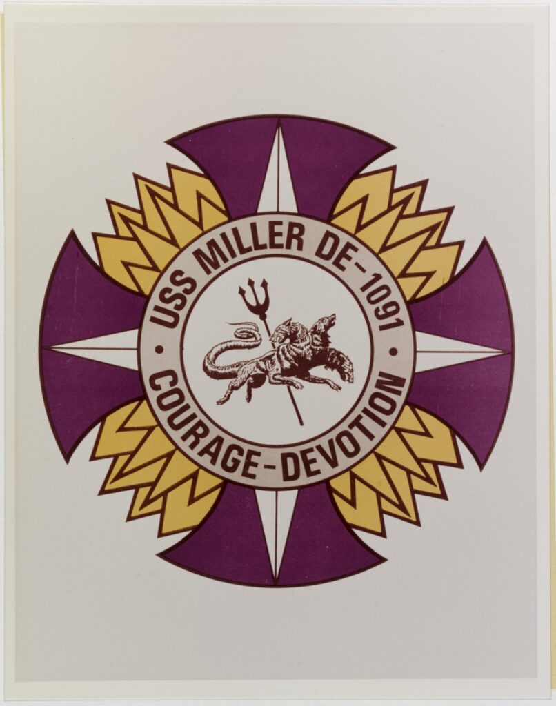 Ship's insignia of USS Miller: a purple cross with gold lightning and the motto Courage, Devotion